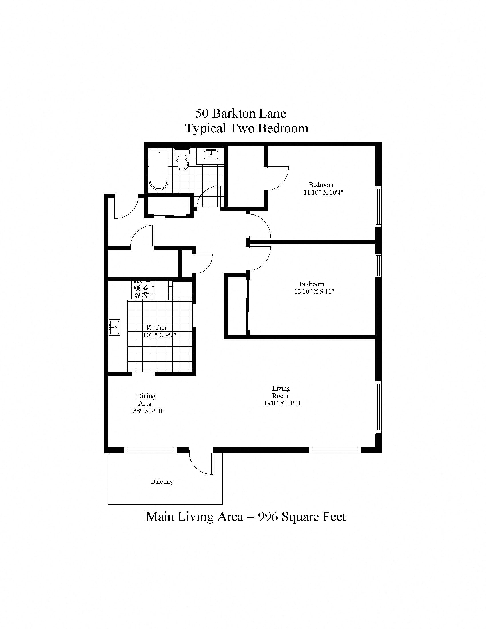 Floor plan for 2 beds, 1 bath, 996 sqft
